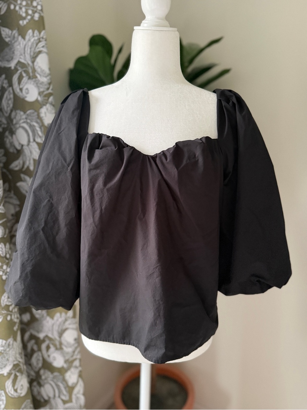 Anthropologie Black Puff-Sleeve Square-Neck Blouse